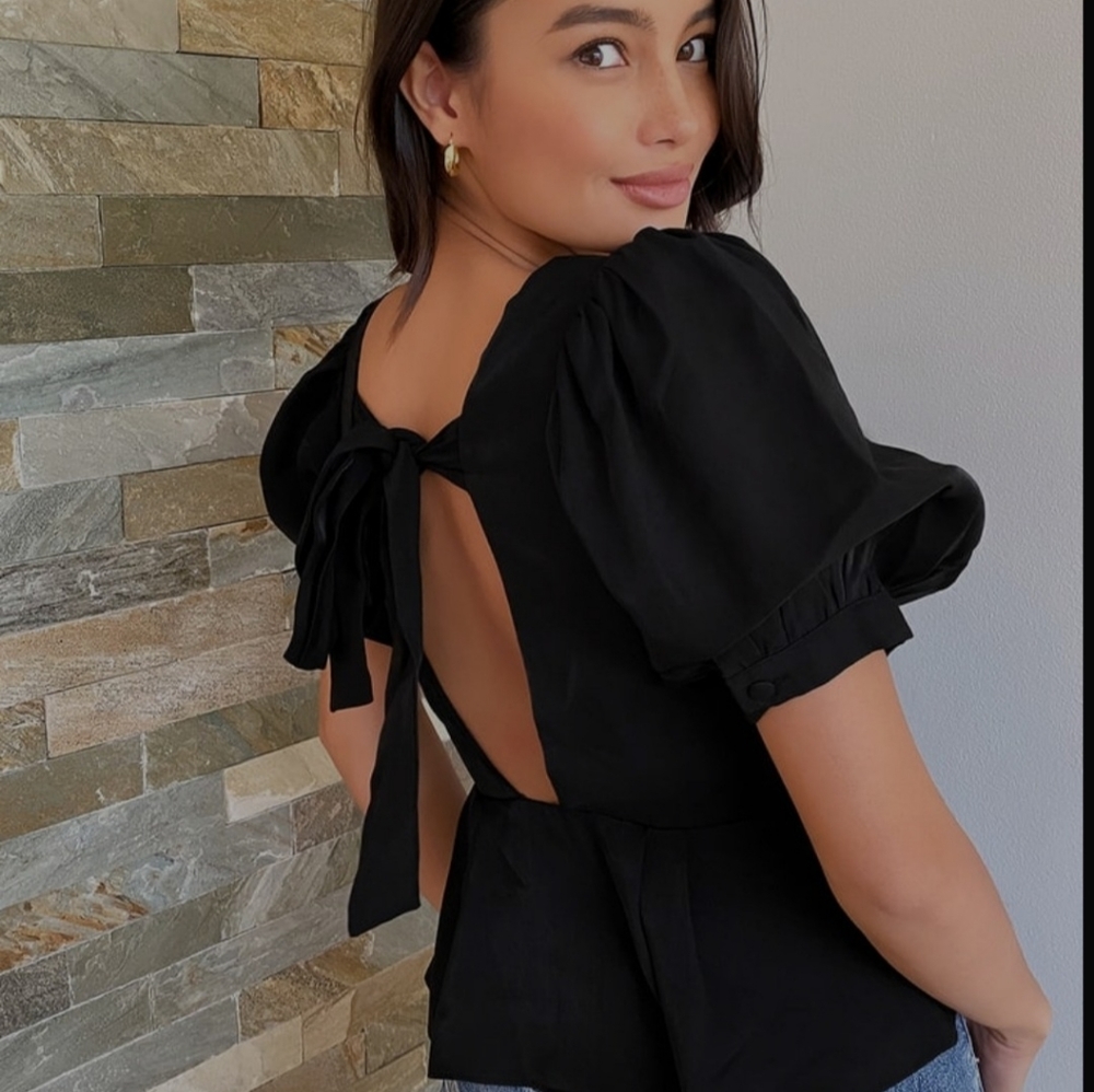 Black Puff Sleeve Peplum Top
